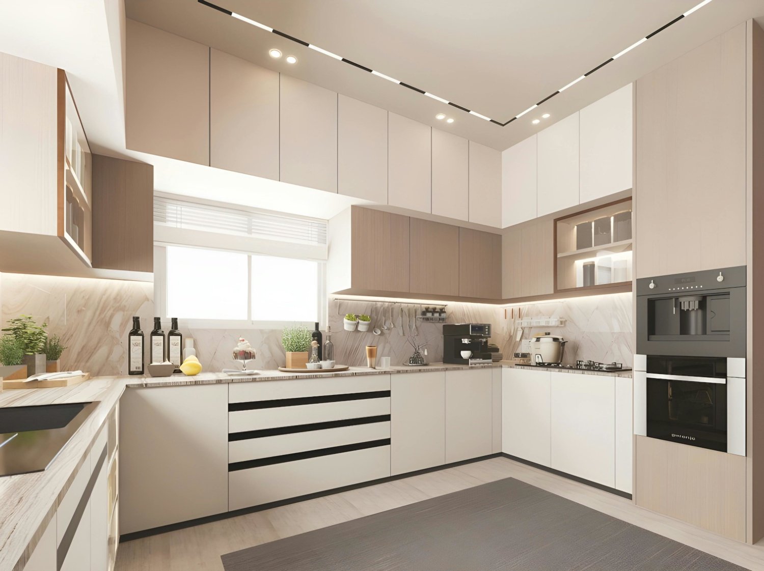 Cocina luminosa de colores claros, muebles de acabado mate, electrodomésticos integrados — ejemplo de reforma integral de calidad media en España 2026